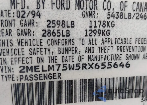 1994 Mercury Grand Marquis Ls z USA, uszkodzony, nr VIN 2MELM75W5RX655646